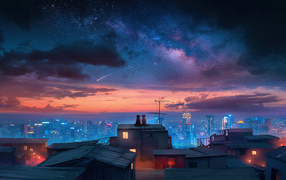 Красивое ночное небо над городскими небоскребами