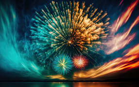 Яркий салют в необычном небе над водой