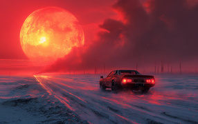 Автомобиль на дороге на фоне огненной луны
