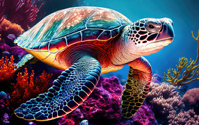 Нарисованная большая черепаха под водой