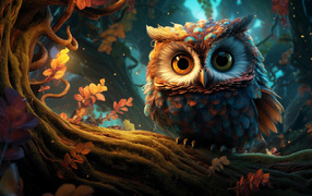 Нарисованная сова на ветке дерева в лесу