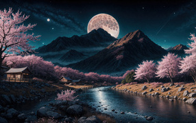 Нарисованная река с горой на фоне луны