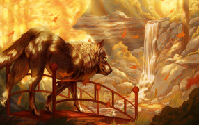 Нарисованный большой волк у водопада