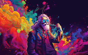 Нарисованный мужчина в разноцветном дыму