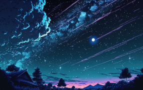 Нарисованное небо над домом и яркой луной