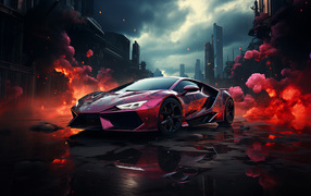 Спортивный автомобиль в красном дыму