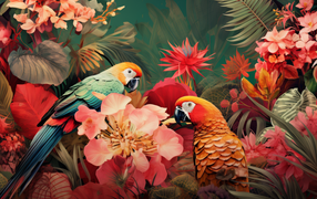Два красивых попугая в цветах