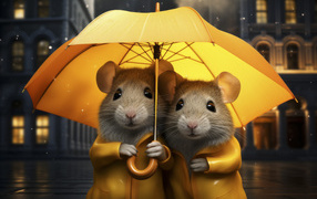Две серые крысы под желтым зонтом