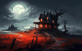 Зловещий черный дом на фоне яркой луны