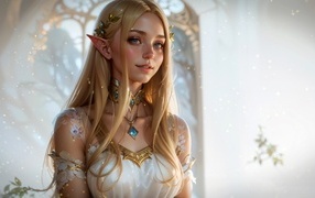 Красивая голубоглазая девушка эльф в белом платье