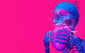 Синий скелет ест сердце на розовом фоне