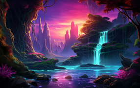 Голубая вода водопада стекает по камням