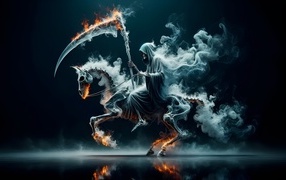 Смерть с косой скачет на скелете лошади в огне и дыму