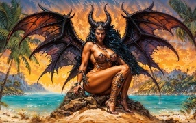 Девушка демон сидит на камнях у океана