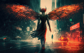 Девушка демон с крыльями на улице в городе