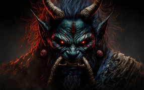 Демон с красными глазами крупным планом