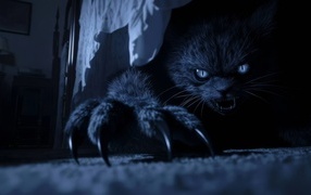 Демонический кот выглядывает ночью из под кровати
