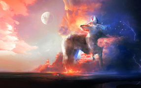 Фантастический неоновый волк на фоне луны