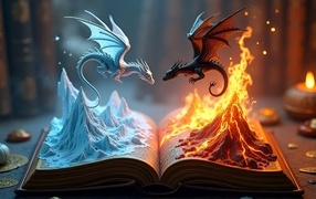 Огненный и снежный драконы парят над книгой