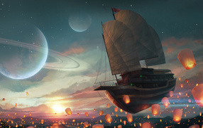 Летающий корабль в небе с китайскими фонариками