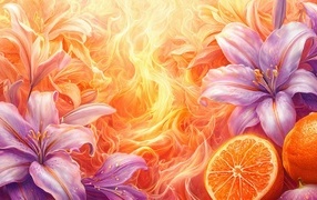 Лилии и апельсины на ярком огненном фоне