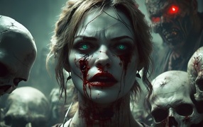 Девушка монстр с зелеными глазами в комнате со скелетами