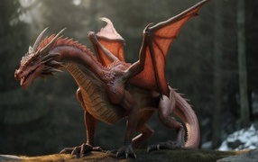 Розовый крылатый дракон стоит на камне в лесу