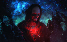 Скелет в черном плаще на фоне космического неба