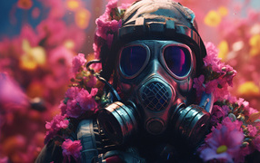 Солдат в противогазе в цветах