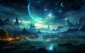 Вид на фантастический город ночью 