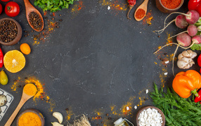 Серый фон с овощами и фруктами, шаблон