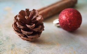 Шишка, шарик и корица на столе