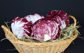 Красная капуста в корзине на черном фоне