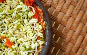 Пророщенные зерна в тарелке с томатами