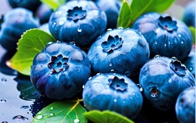 Синие ягоды черники в каплях воды