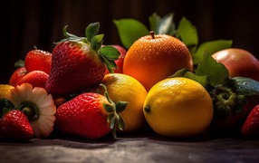 Вкусные спелые цитрусовые фрукты и ягоды клубники