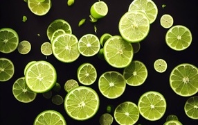 Половинки зеленого лайма в воздухе на черном фоне