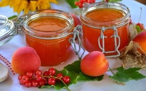 Джем на столе с абрикосами и красной смородиной