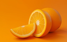 Спелый оранжевый апельсин на оранжевом фоне