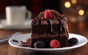 Кусок шоколадного торта с кремом и ягодами на тарелке