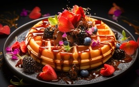 Аппетитная сладкая вафля с кремом и ягодами