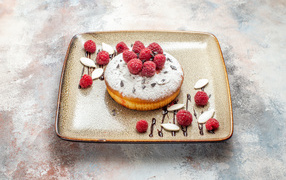 Пирожное с сахарной пудрой и малиной на тарелке