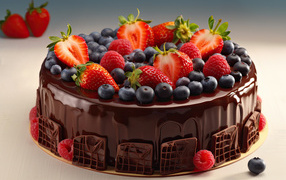 Торт в шоколаде с ягодами черники, клубники и малины