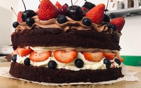 Chocolate cake with white cream and berries