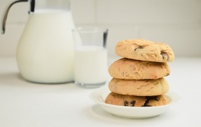 Печенье с шоколадной крошкой на столе с молоком