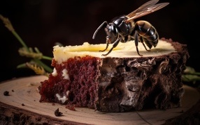 Большой кусок шоколадного торта с пчелой