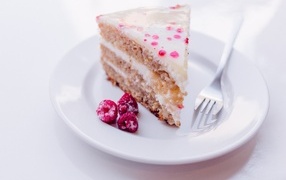 Piece of cake with frozen raspberries on a white plate