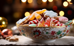 Сладкие праздничные конфеты в тарелке на столе