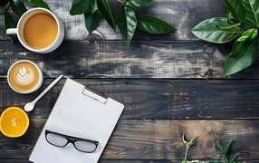 Кофе на столе с блокнотом, очками и зелеными листьями