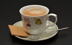 Чашка какао с печеньем на сером фоне